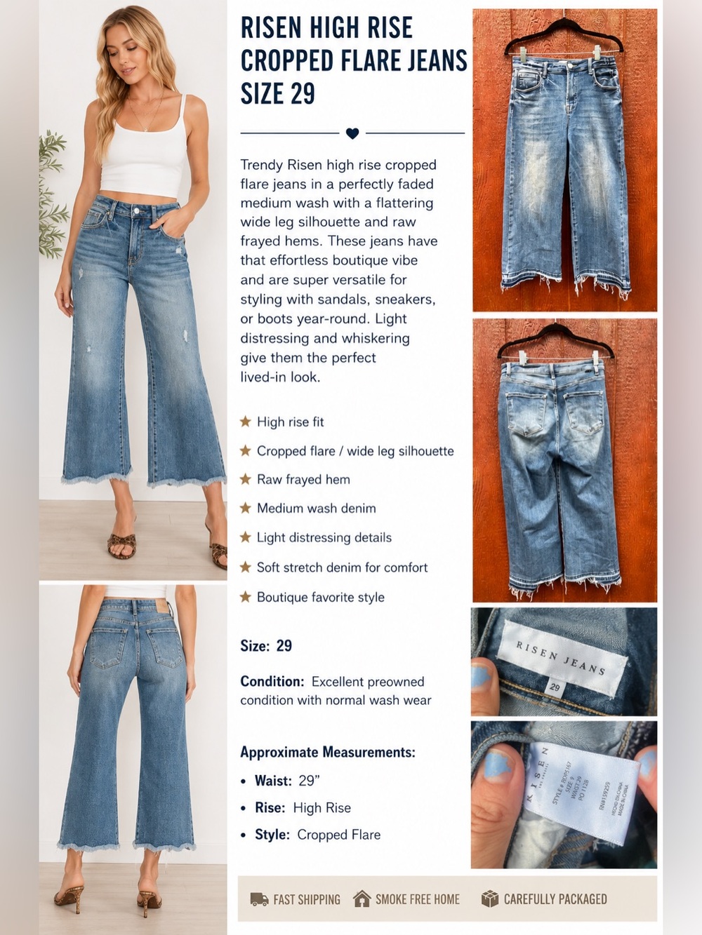 Risen High Rise Cropped Flare Jeans Size 29 Raw Hem Distressed Wide Leg Denim
